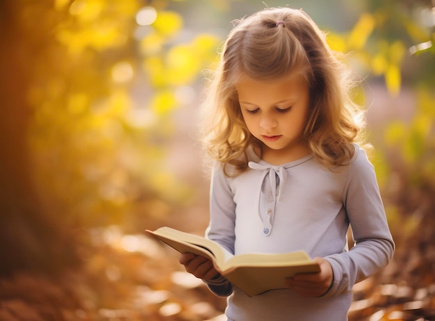 Uma menina bonita a ler o livro da Bíblia no jardim.