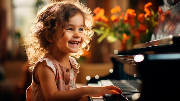 Foto uma menina bonita a tocar piano.