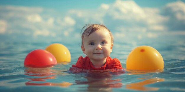 Foto uma menina bonita a tomar banho no mar num dia ensolarado.