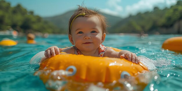 Foto uma menina bonita a tomar banho no mar num dia ensolarado.