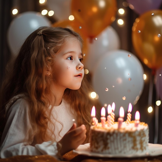 Uma menina bonita apaga velas num bolo de aniversário em casa.