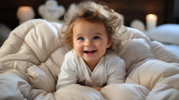 Uma menina bonita com cabelos encaracolados deitada na cama em casa.