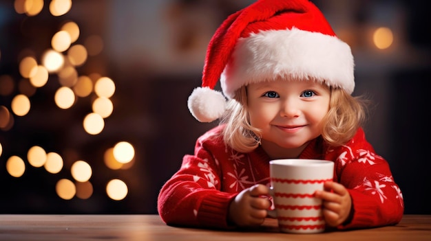 Uma menina bonita com o chapéu do Pai Natal e uma chávena de chocolate quente.