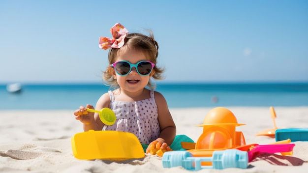 Uma menina bonita com óculos de sol a brincar com brinquedos na praia.