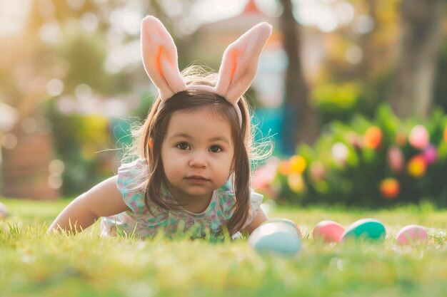 Uma menina bonita com orelhas de coelho caça ovos de páscoa no gramado no dia de Páscoa