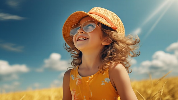 Uma menina bonita com um chapéu sorridente num campo de trigo com o cabelo a soprar no vento é um dia de verão ensolarado