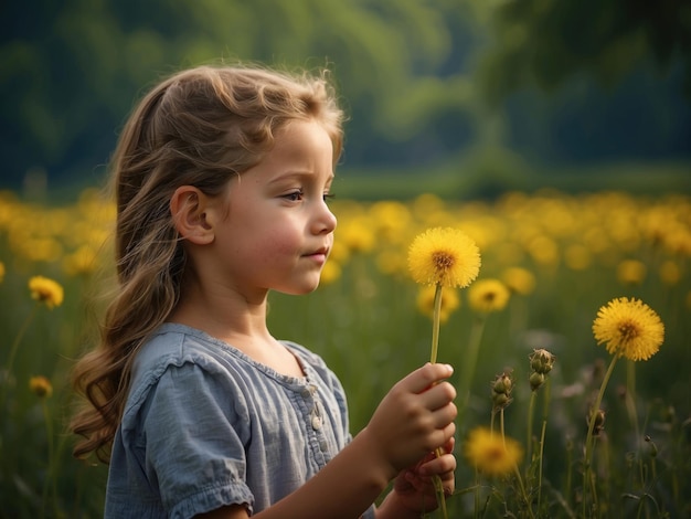 Uma menina bonita com uma flor de dente-de-leão.