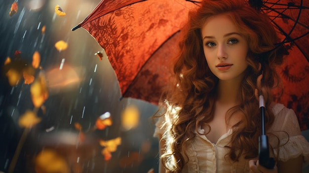 uma menina bonita com uma jaqueta vermelha e um guarda-chuva vermelho no rosto