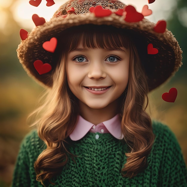 Uma menina bonita de 10 anos sorrindo rosto cogumelo como chapéu na cabeça borboleta altamente detalhada olhando para o espectador coração em forma de mão corações flutuando ao redor