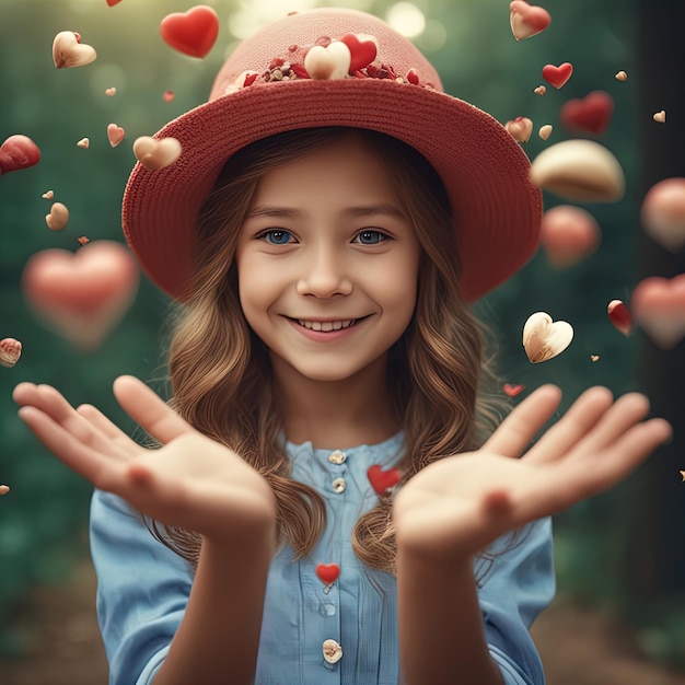 Uma menina bonita de 10 anos sorrindo rosto cogumelo como chapéu na cabeça borboleta altamente detalhada olhando para o espectador coração em forma de mão corações flutuando ao redor