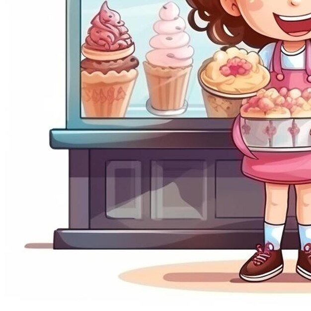 Foto uma menina bonita de pé perto de uma gelataria.
