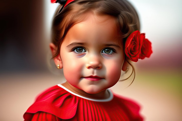 Uma menina bonita de vestido vermelho.