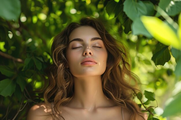 Uma menina bonita desfruta da natureza respirando ar fresco em um jardim de verão