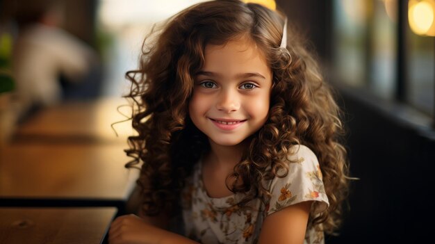 Uma menina bonita e alegre sentada sorrindo olhando para a câmera felizmente