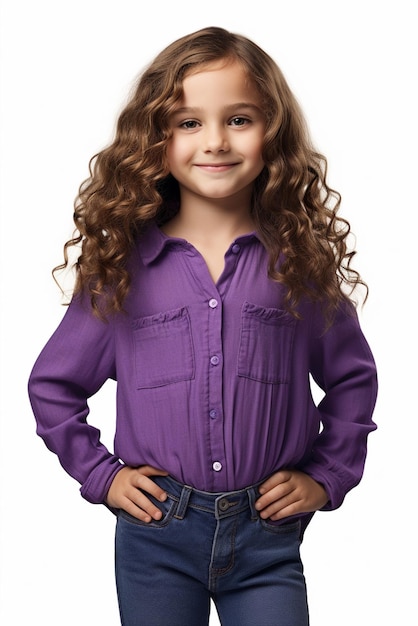 Uma menina bonita e corpulenta com cabelo longo e uma camisa roxa está isolada em um fundo branco