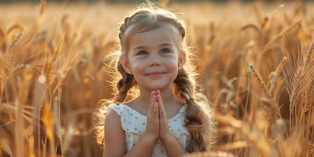 Foto uma menina bonita e feliz reza num campo de trigo.