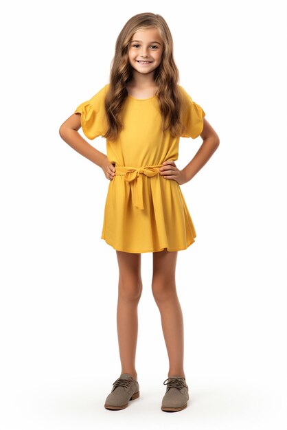 Uma menina bonita e feliz vestindo roupas amarelas de pé isolada em um fundo branco