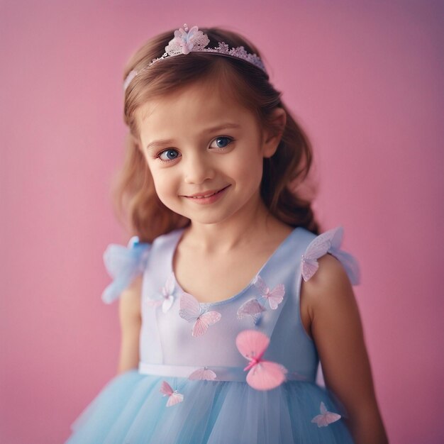 Foto uma menina bonita em vestido de princesa rosa e azul