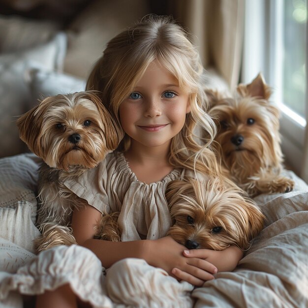 Uma menina bonita está sentada no sofá da sala de estar e segurando cachorrinhos em suas mãos