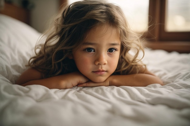 Uma menina bonita está triste deitada numa cama branca e aconchegante.