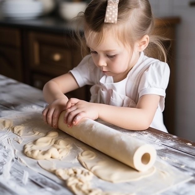 Uma menina bonita faz biscoitos, enrola a massa, a criança aprende a cozinhar de perto.