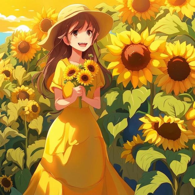 Uma menina bonita no jardim de girassol com ilustração de vestido amarelo