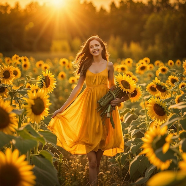 Uma menina bonita no jardim de girassol com ilustração de vestido amarelo