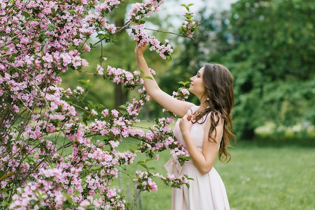 Uma menina bonita nova bonita com o cabelo longo solto está perto da mola de florescência Bush do weigela com flores cor-de-rosa. Ela toca um ramo com a mão. Feliz época do ano