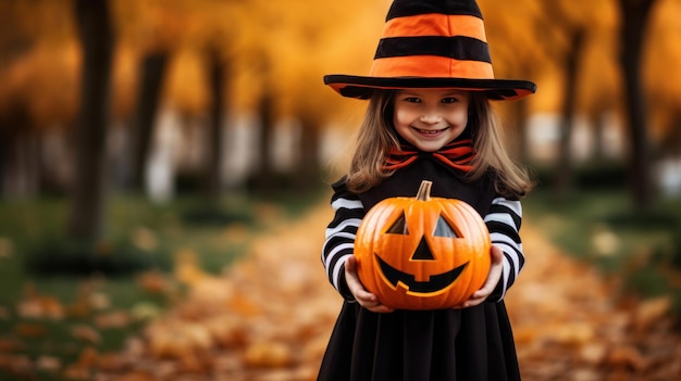 Uma menina bonita segura uma abóbora de Halloween e mostra-a à câmera em close-up para um convite para uma festa