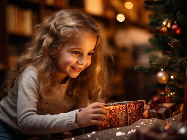 Foto uma menina bonita sentada debaixo da árvore de natal a desembalar presentes de natal