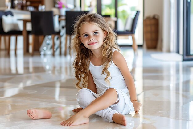 Foto uma menina bonita sentada no chão.