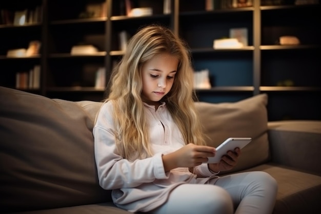 Uma menina bonita sentada no sofá em casa à noite usando um smartphone para entretenimento e estudo
