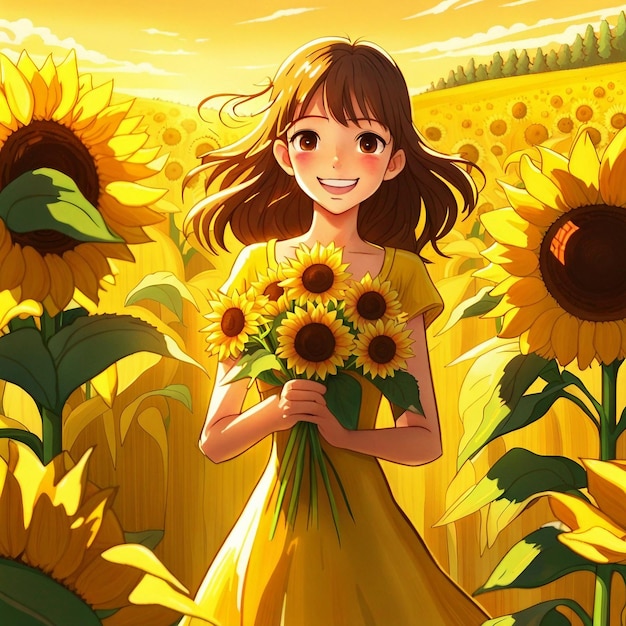 Uma menina bonita vestindo um vestido amarelo e de pé no jardim de girassol amarelo