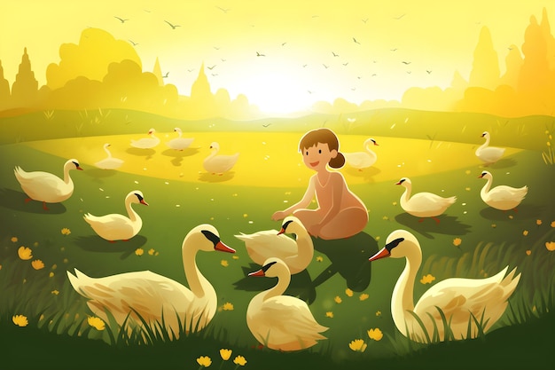 Uma menina bonitinha brincando com os gansos em um campo