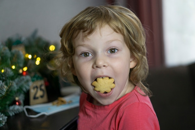 Uma menina bonitinha de cabelos encaracolados verifica um deleite para o Papai Noel de manhã, 25 de dezembro, tradições de Natal.