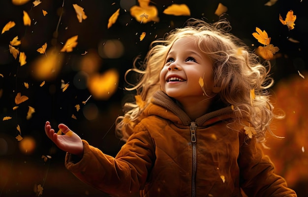 uma menina brincalhona no outono brincando com folhas amarelas no estilo laranja escuro e gol claro