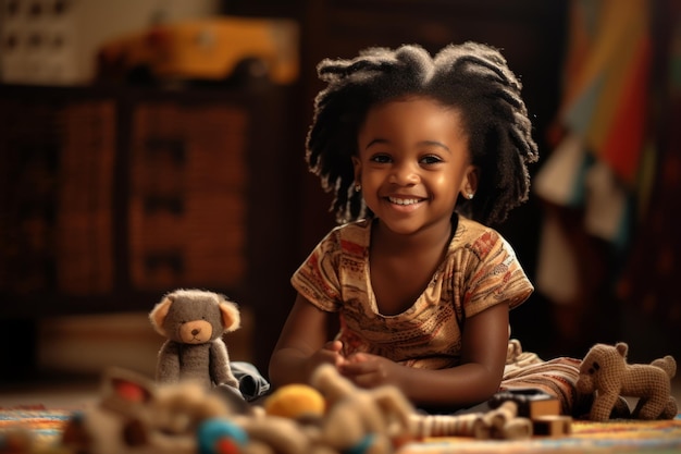 Uma menina brincando com brinquedos no chão