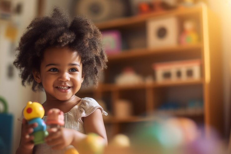 Uma menina brincando com brinquedos no chão