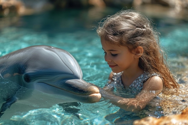 Uma menina brincando com um golfinho em águas claras durante um dia ensolarado