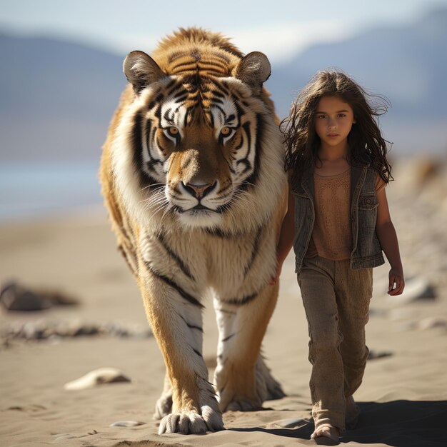 Foto uma menina caminha com um tigre na praia