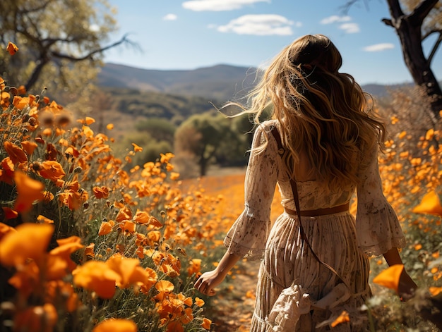 Foto uma menina caminha em um campo de papoulas vista da parte de trás ai generativa