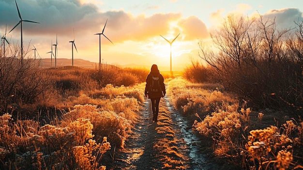 Uma menina caminhando por um campo de turbinas eólicas