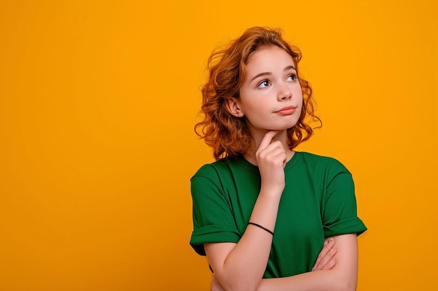 Uma menina caucasiana pensativa em uma camiseta verde em um fundo amarelo levantando o queixo e olhando