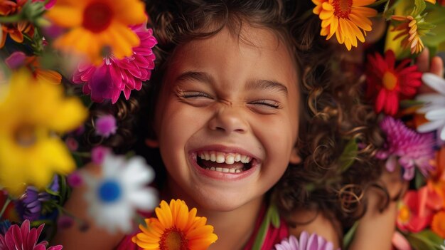 Foto uma menina cercada por flores coloridas sorrindo para uma fotografia