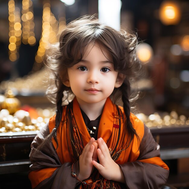 Uma menina chinesa de três ou quatro anos de idade, vestida com trajes antigos, está em um templo taoísta orando