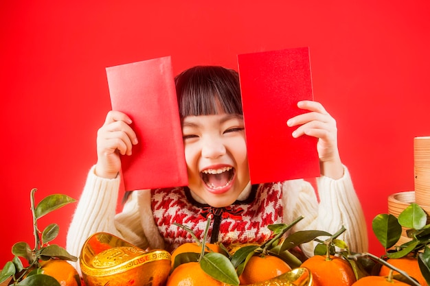 Uma menina chinesa está feliz em receber o Festival da Primavera