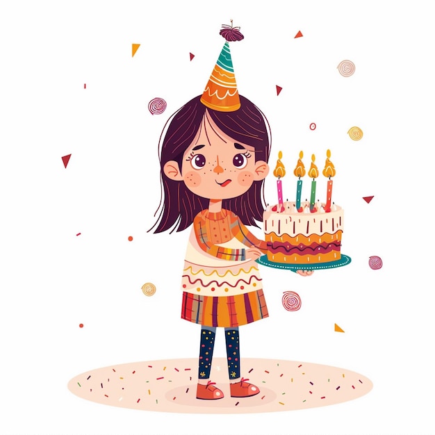 uma menina colorida está de pé em frente a um bolo isolado em um cartão de aniversário branco conept arte vetorial