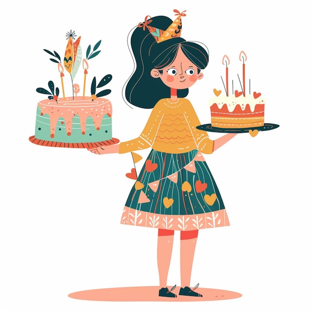 uma menina colorida está de pé em frente a um bolo isolado em um cartão de aniversário branco conept arte vetorial