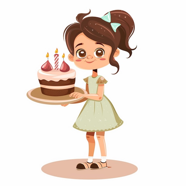 uma menina colorida está de pé em frente a um bolo isolado em um cartão de aniversário branco conept arte vetorial