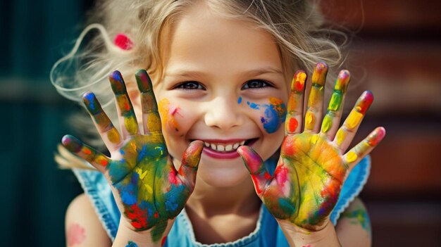 Foto uma menina com as mãos pintadas com tinta